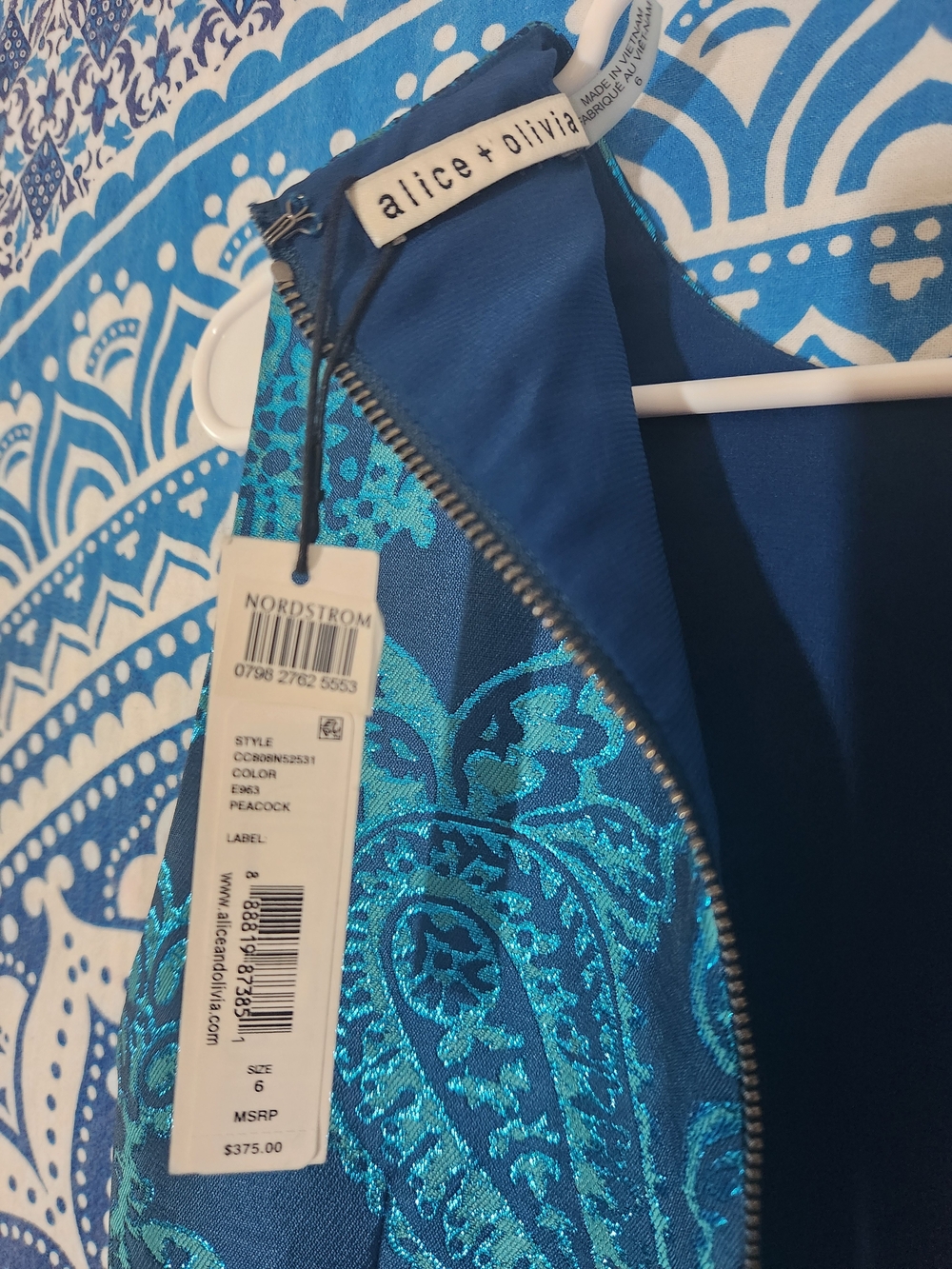 Alice + Olivia Metallic Peacock Blue Brocade Zip Jacket